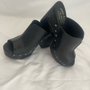 Kork-Ease Black Leather Mules with Stud Accents